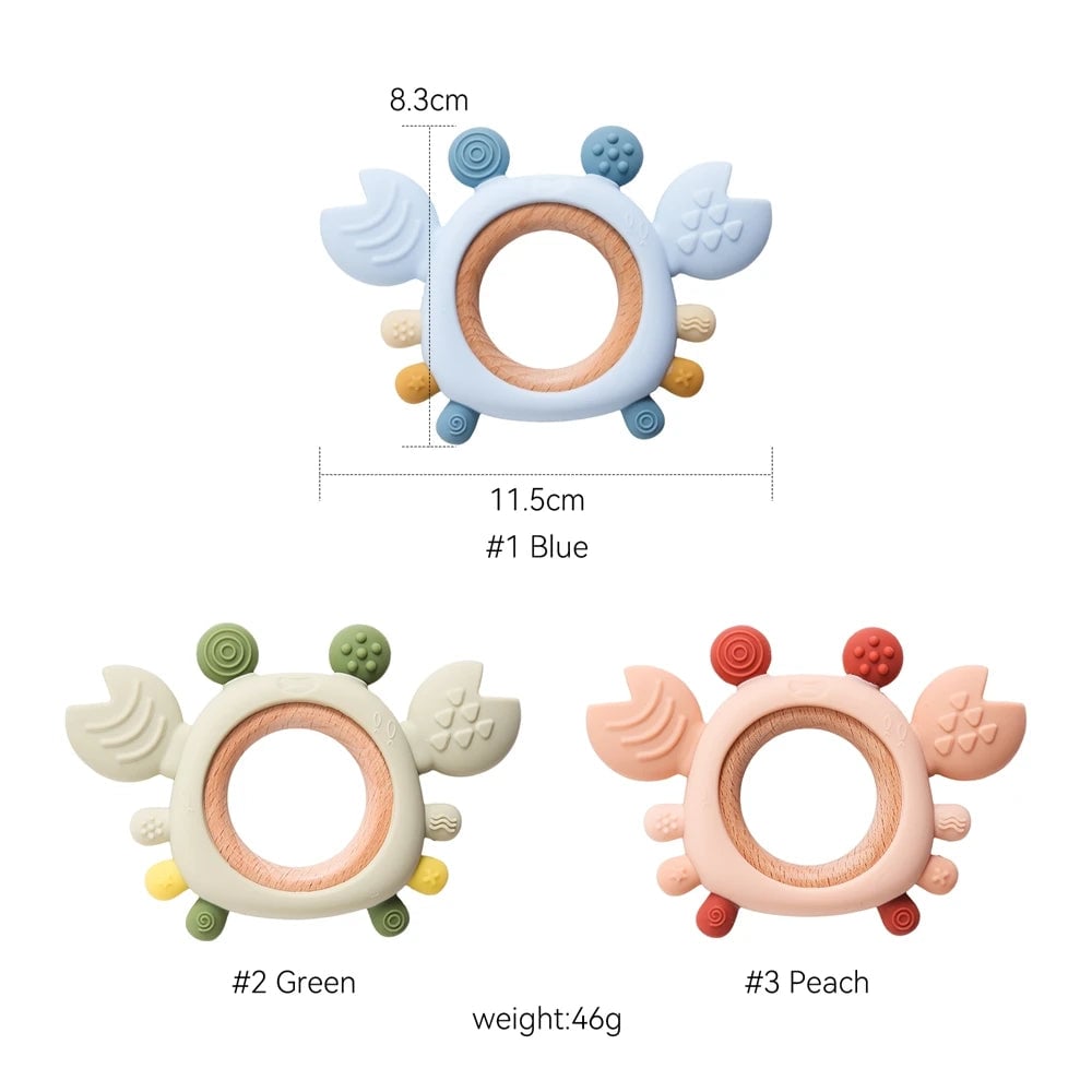 BPA Free Silicone Baby Teether 0-6 Months Wooden Ring Crab Toy