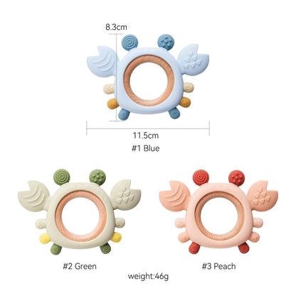 BPA Free Silicone Baby Teether 0-6 Months Wooden Ring Crab Toy