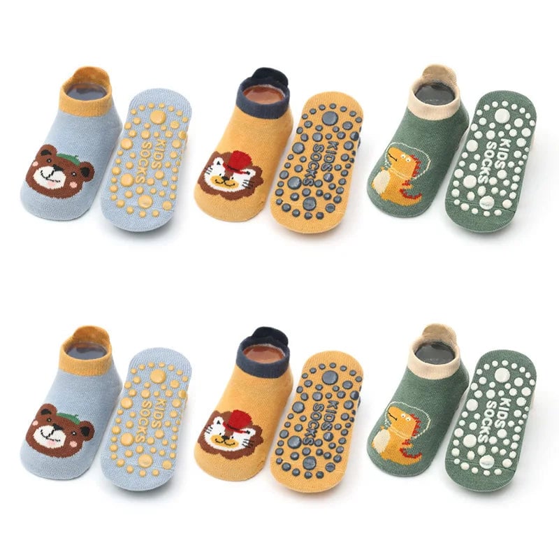 6 Pairs Kids Cotton Non Slip Socks Cartoon Animal Pattern Baby