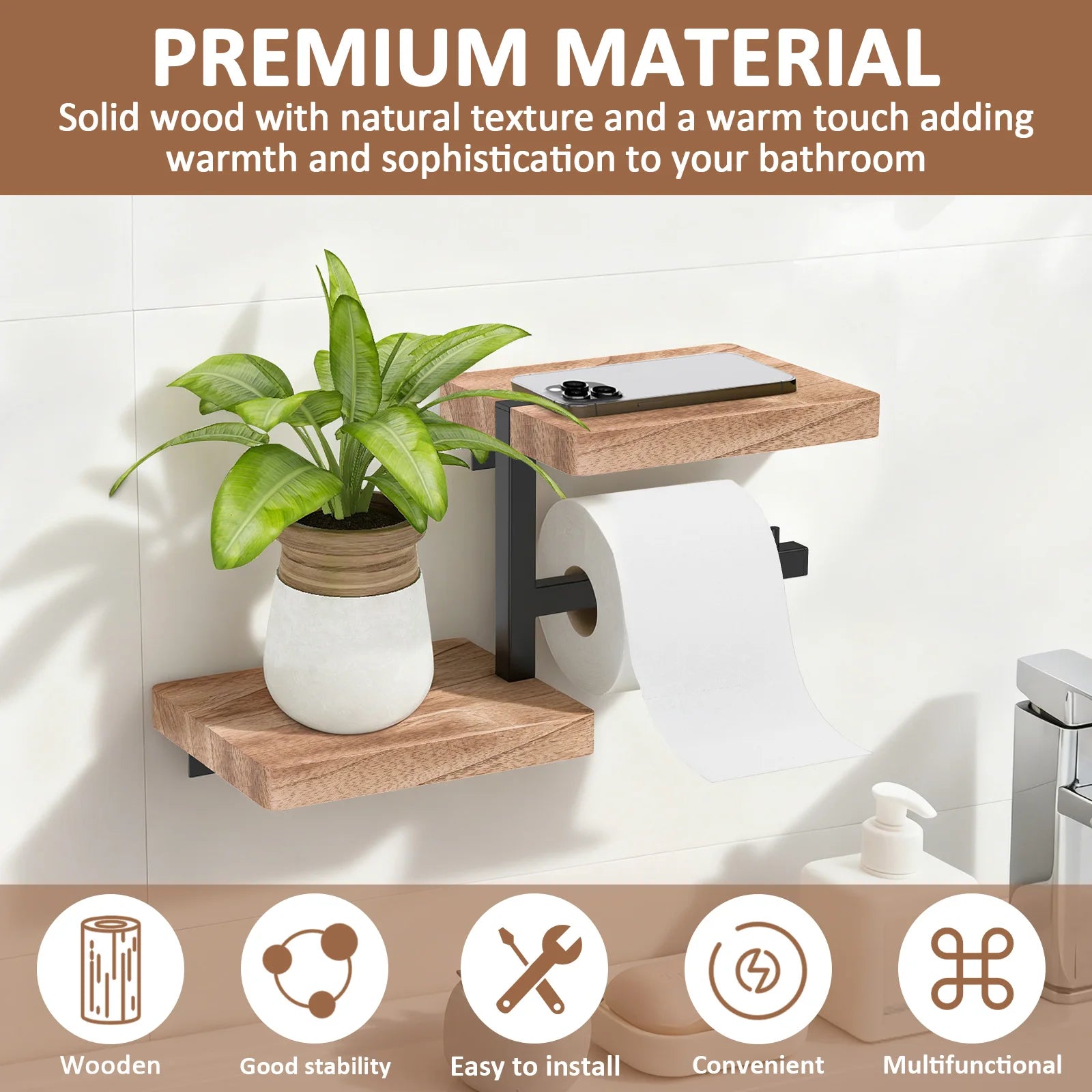 Wall Mounted Wooden Toilet Paper Holder with Storage Shelf