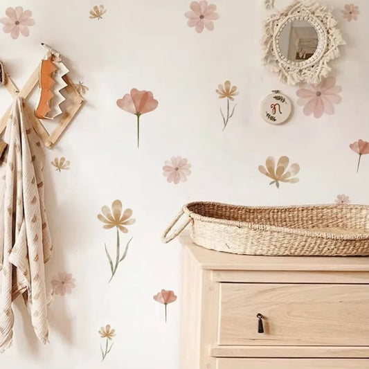Watercolor Boho Pink Flowers Leaves Wall Decal Nursery Kids Room