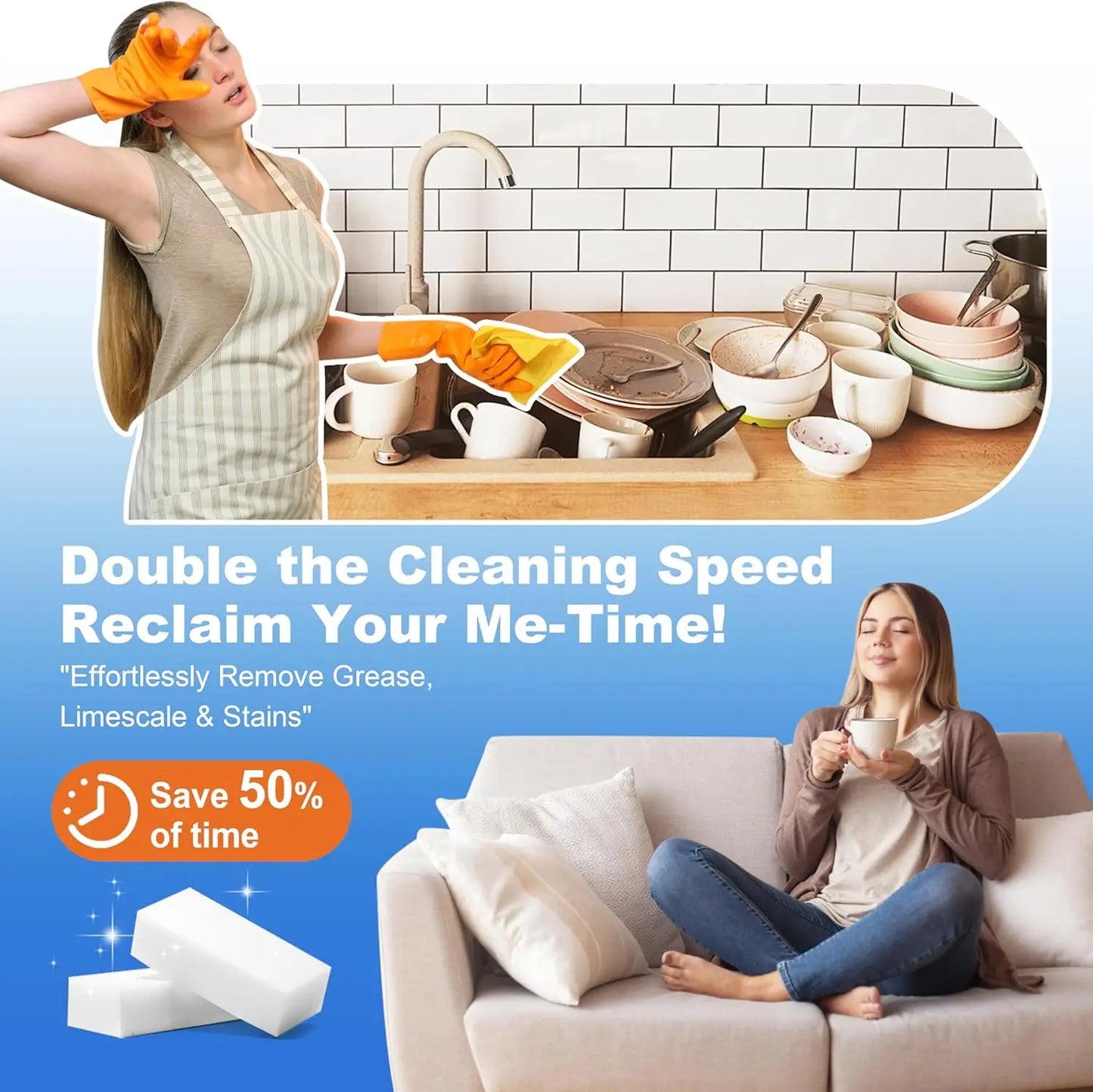 2X Density Melamine Sponge Multi-Surface Kitchen Bathroom Cleaner