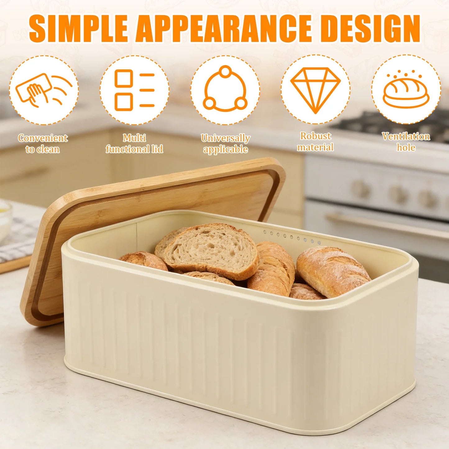 Metal Bread Box with Bamboo Lid & Ventilation Holes Storage