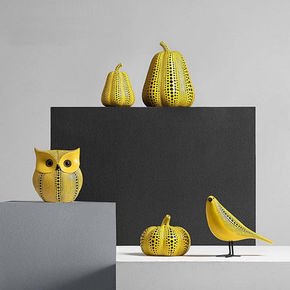 Yellow Wave Point Owl Pumpkin Figurine - Bird Statue Ornament Decor