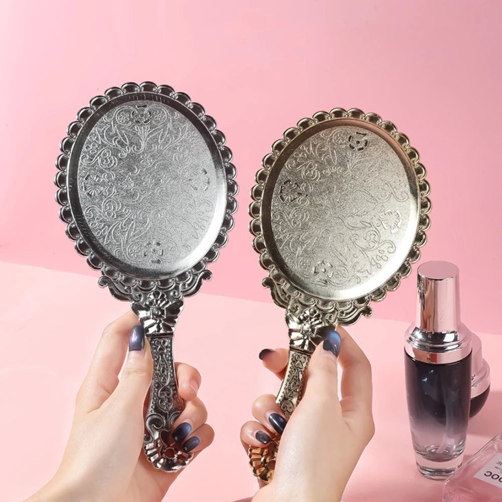 Vintage Oval Round Handheld Makeup Mirror Patterned Beauty Tool