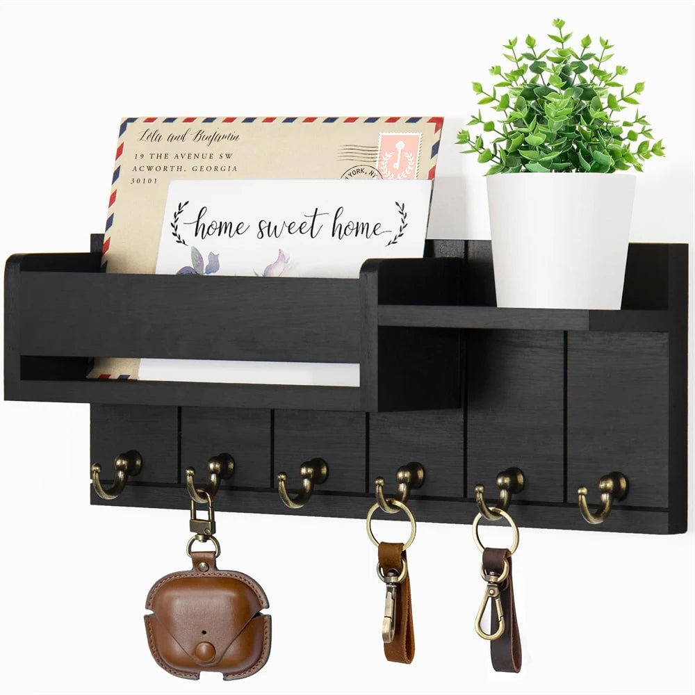 Rustic Wood Entryway Wall Shelf 6 Hook Mail Key Organizer Storage