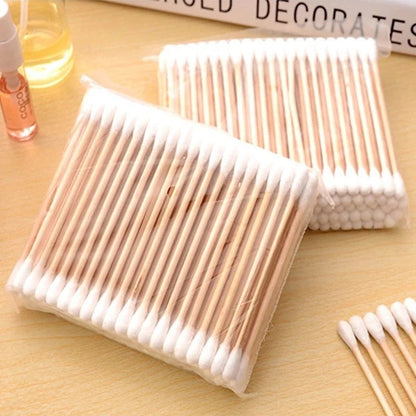 500pcs Double Head Wood Cotton Swabs - Makeup & Ear Cleaning Buds