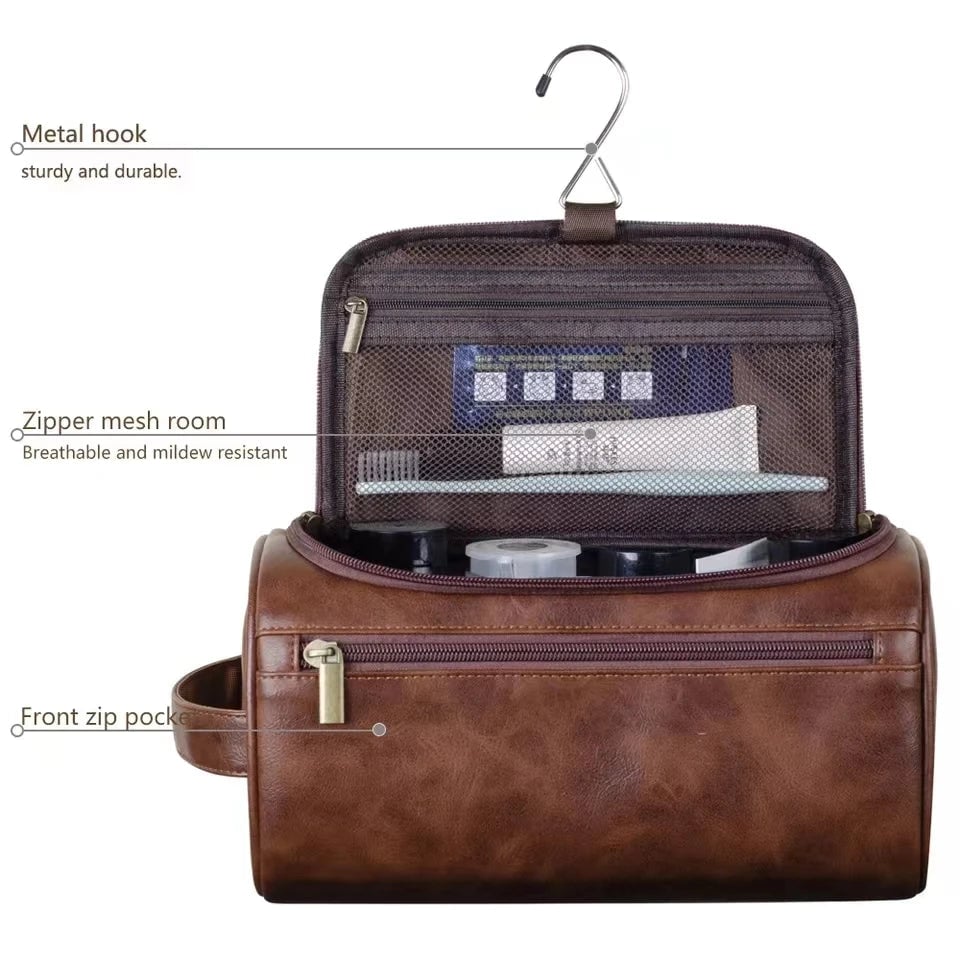 Large Hanging Leather Toiletry Bag - Travel Dopp Kit Men Women