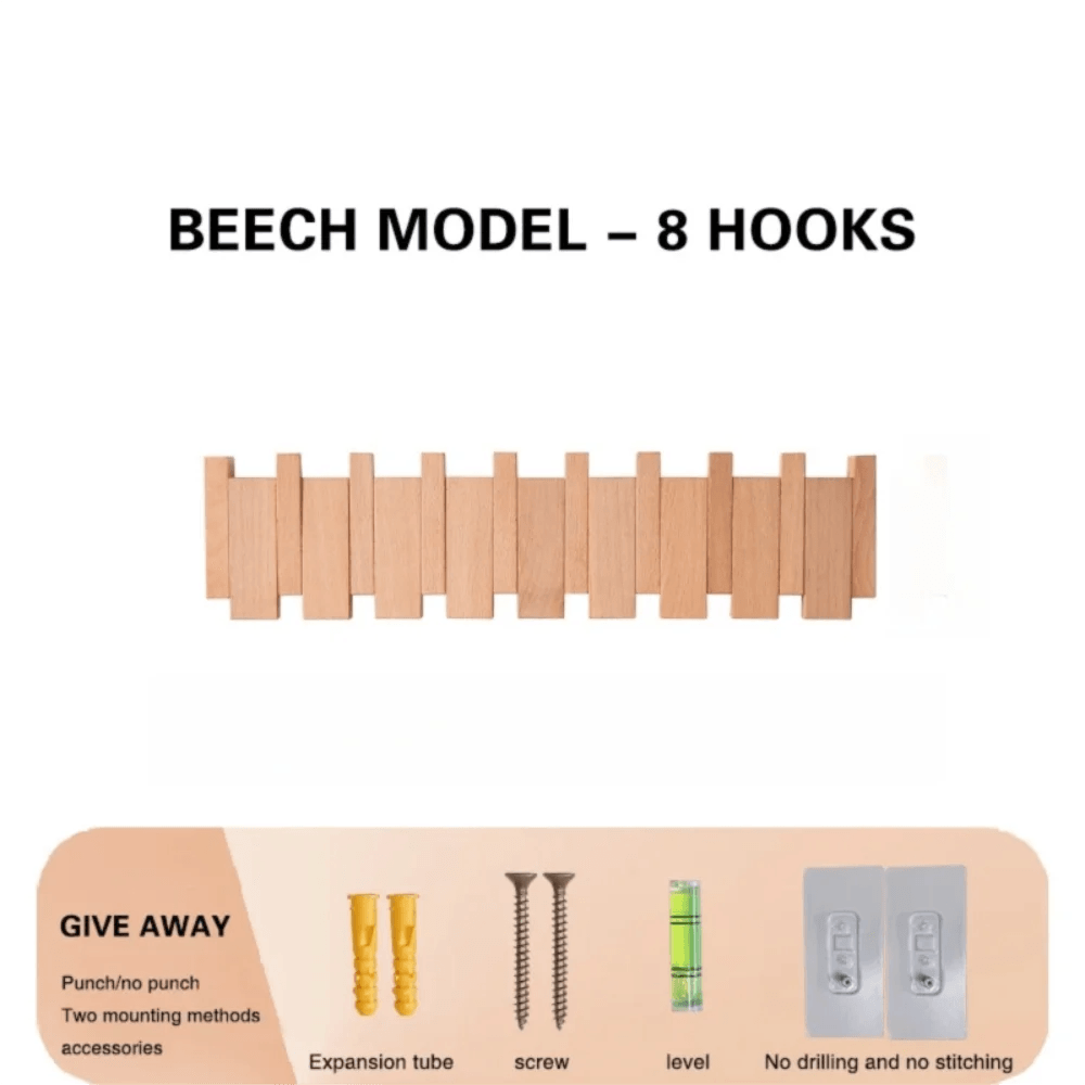 Wall Mounted Wood Coat Rack 8 Hooks Piano Key Shaped Entry Porch
