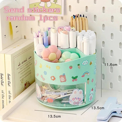 Rotating Desktop Pen Holder with Drawer - Kawaii Stationery Organizer