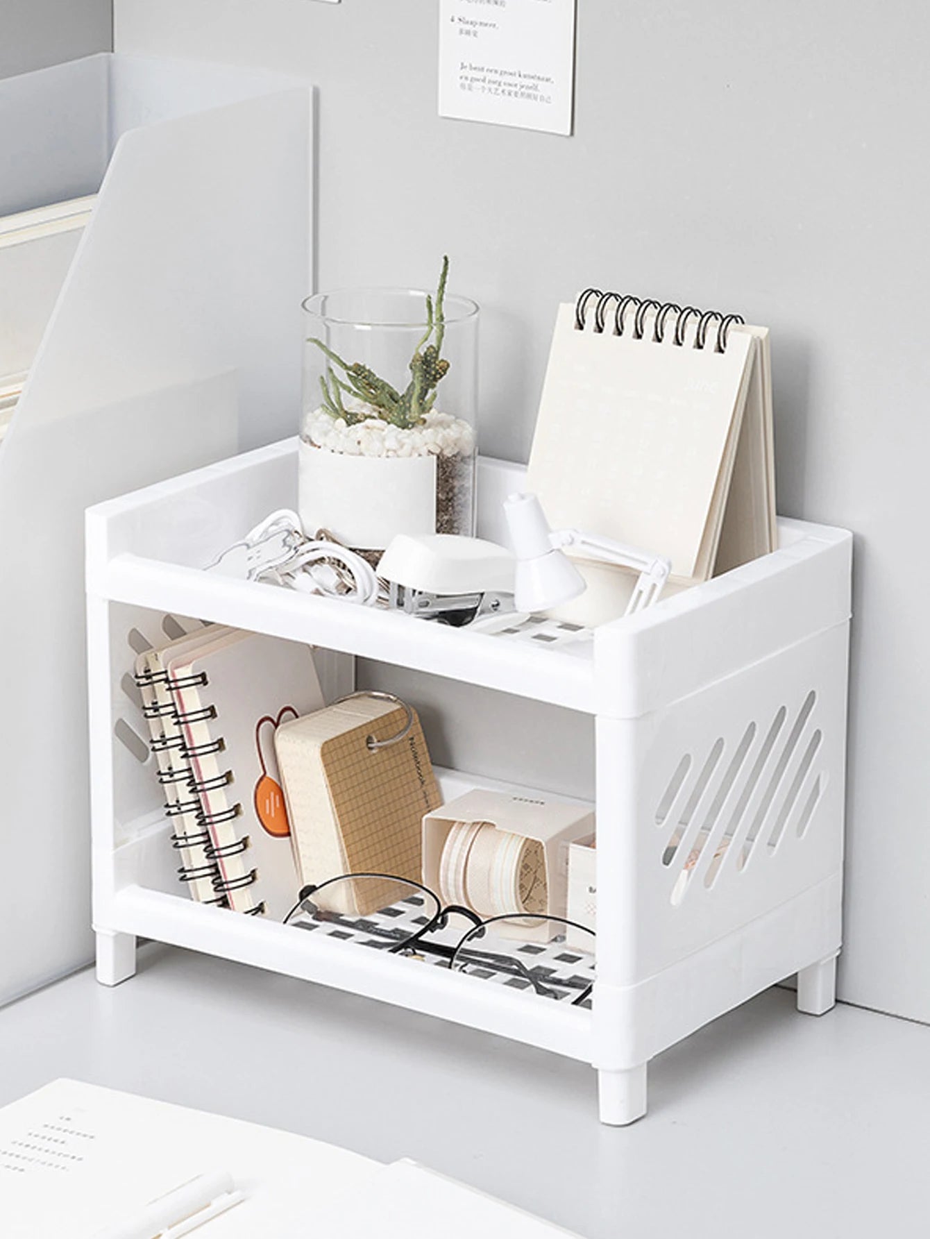 White Double Layer Desk Storage Rack - Office Cosmetics Organizer