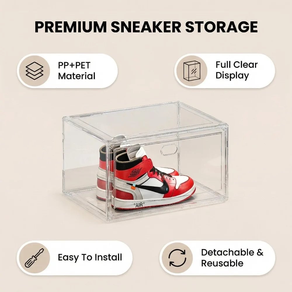 Clear Acrylic Shoe Storage Box Magnetic Flip Lid Stackable Organizer