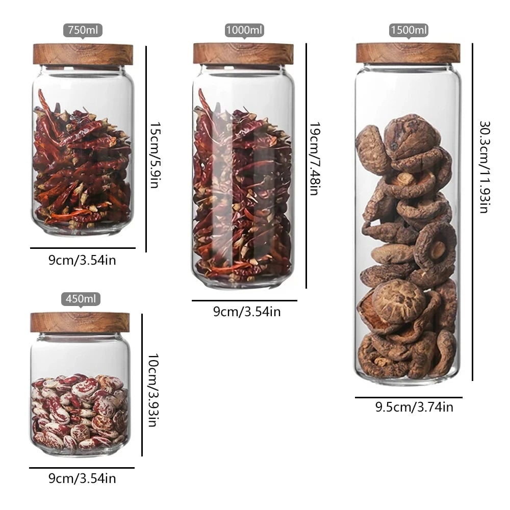 Glass Airtight Canister Wood Lid Kitchen Storage Jar Food Container