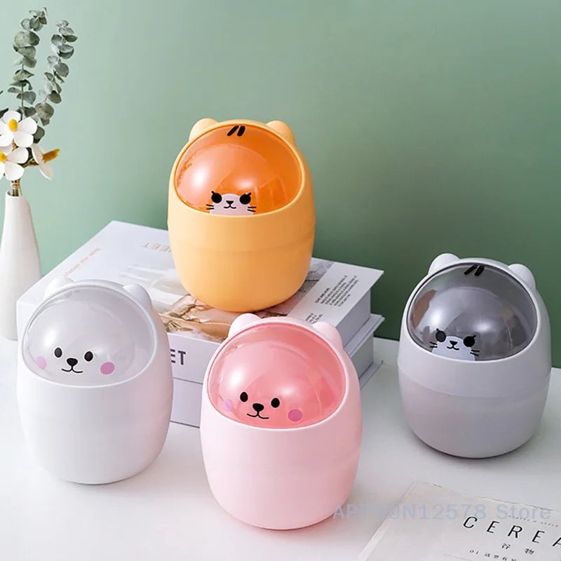 Desktop Wastebasket with Lid | Cartoon Storage Bin | Makeup Organizer