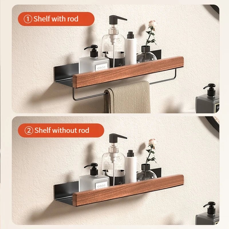 Wood Aluminum Corner Bathroom Shelf Wall Mount Shampoo Storage Rack