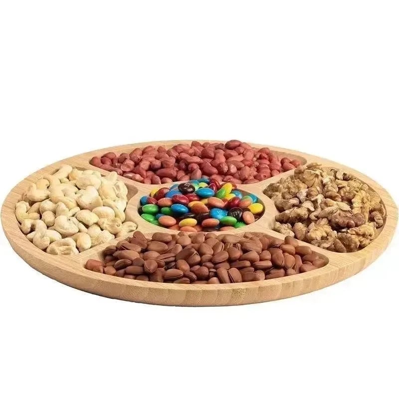 Bamboo Round Fruit Tray 5 Compartment Wooden Plate with Dividers