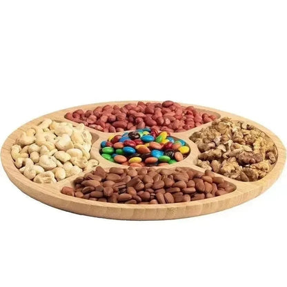 Bamboo Round Fruit Tray 5 Compartment Wooden Plate with Dividers