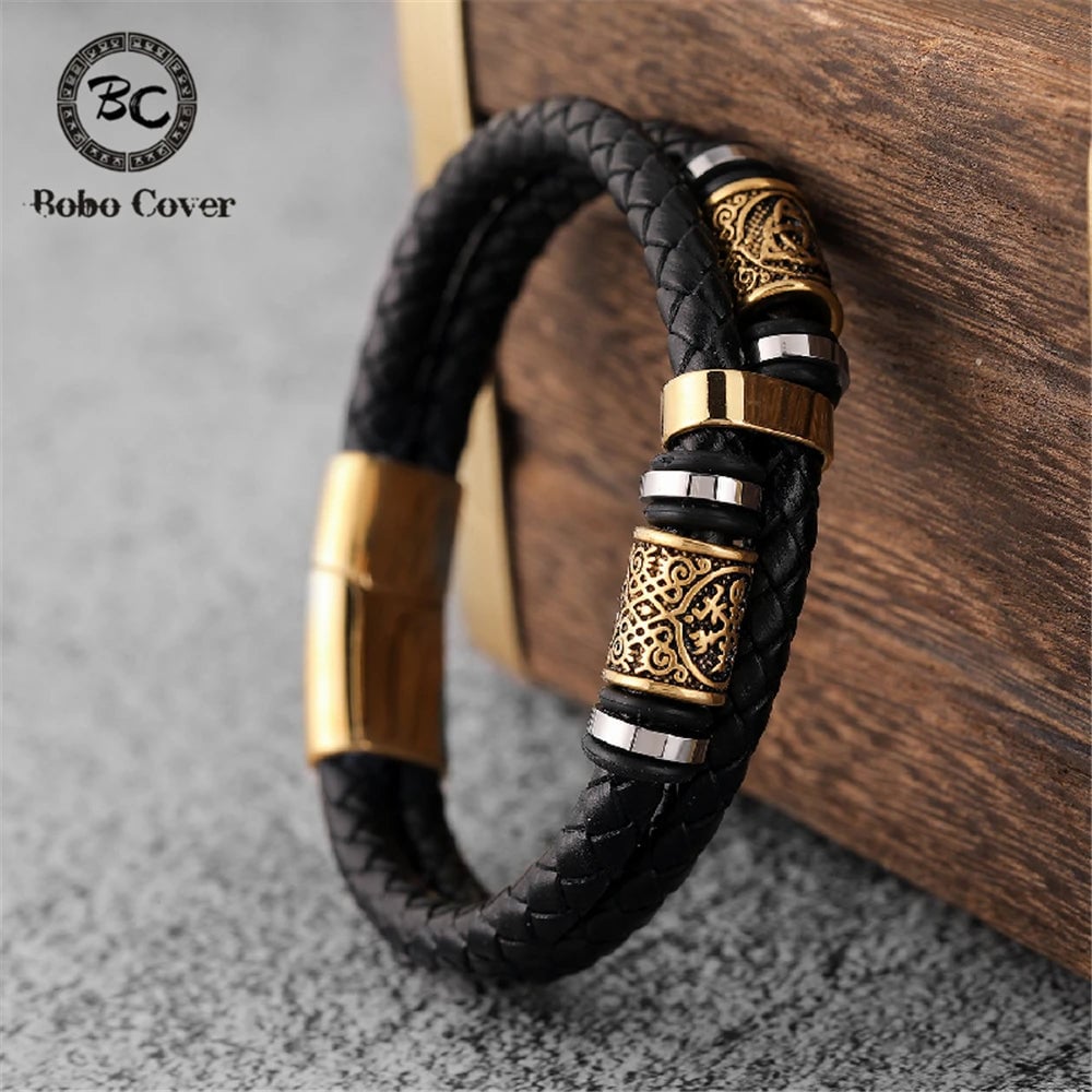 Norse Runes Genuine Leather Braided Bracelet Stainless Steel Beads