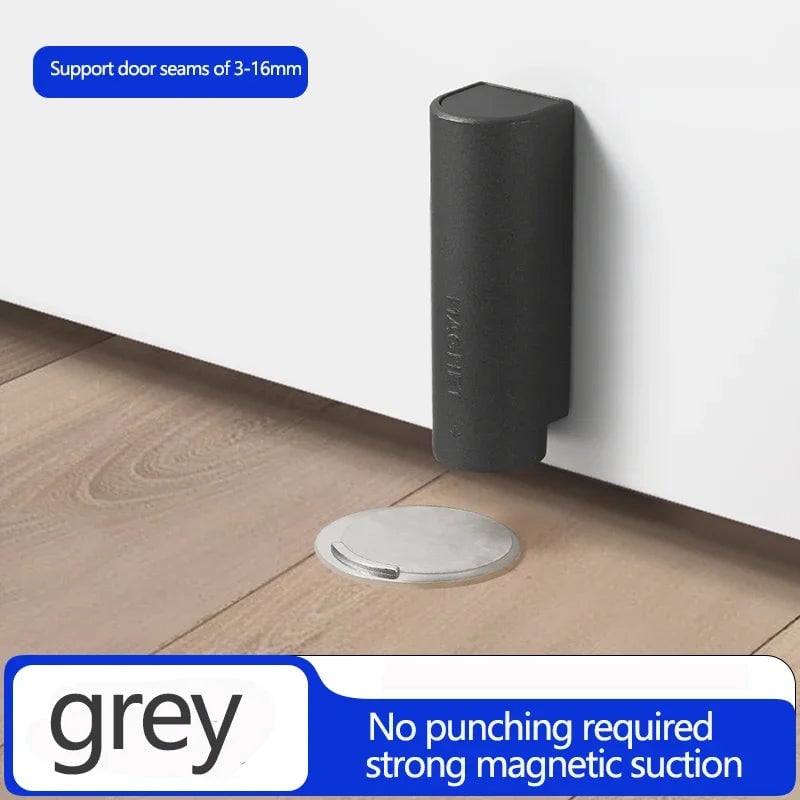 Stainless Steel Magnetic Door Stopper - Nail-Free Gray Black Base