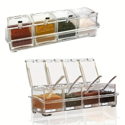 4-Compartment Transparent Seasoning Box with Spoon Lid Storage Base