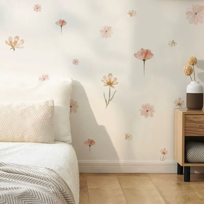 Watercolor Boho Pink Flowers Leaves Wall Decal Nursery Kids Room