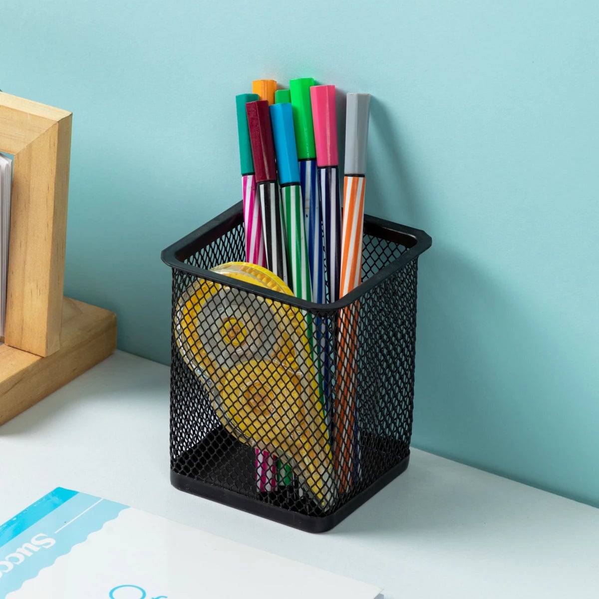 Metal Mesh Pencil Holder Square Round Desk Organizer Pen Cup Case