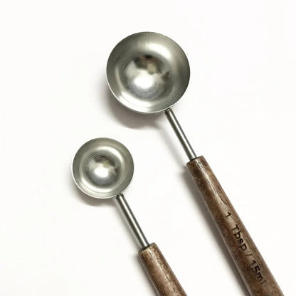 Oak Handle Stainless Steel Measuring Spoon - Coffee Bean Milk Powder