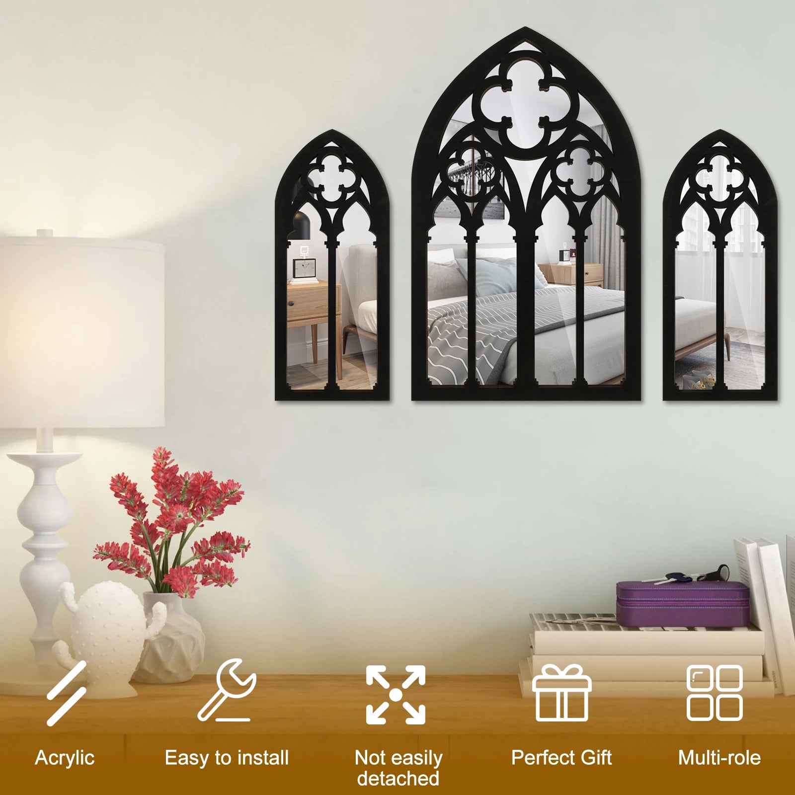 3Pcs Gothic Arched Wall Mirrors Cathedral Window Design Home Decor