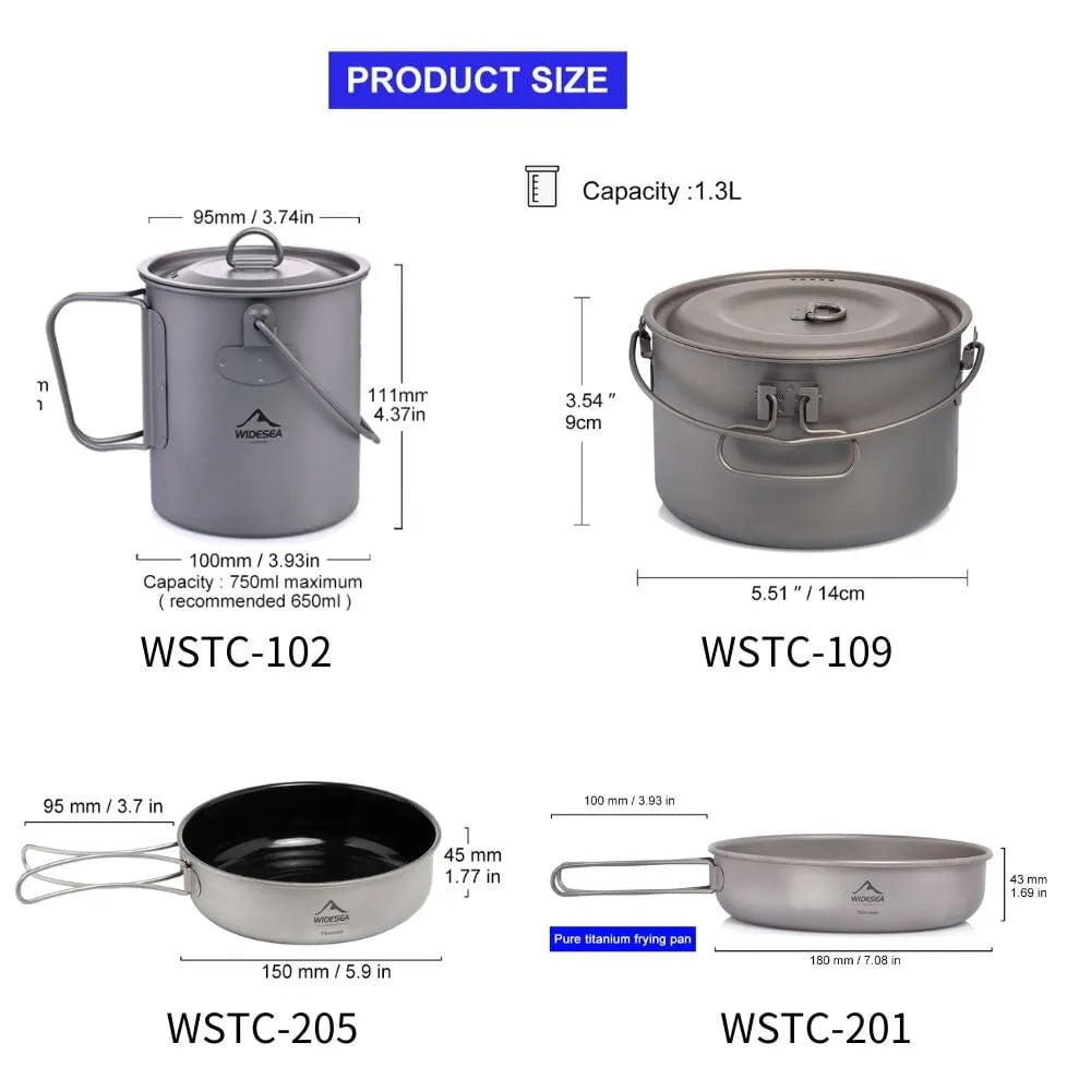 Titanium Camping Cookware Set - Lightweight Pot Frying Pan Outdoor