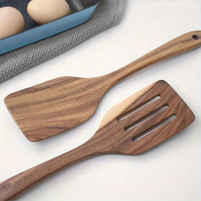 Wooden Spatula Set - Durable Long Handle Kitchen Utensils with Slotted