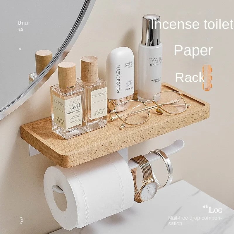 Beech Wood Toilet Paper Holder with Phone Storage Bathroom Organizer