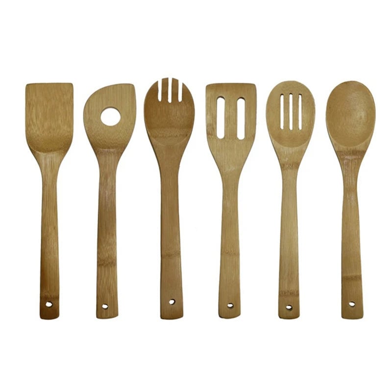 6-Piece Bamboo Spoon Spatula Set - Wooden Kitchen Utensils Mixing