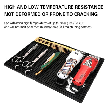 Non-Slip Black Barber Station Mat with Clippers Scissors Storage