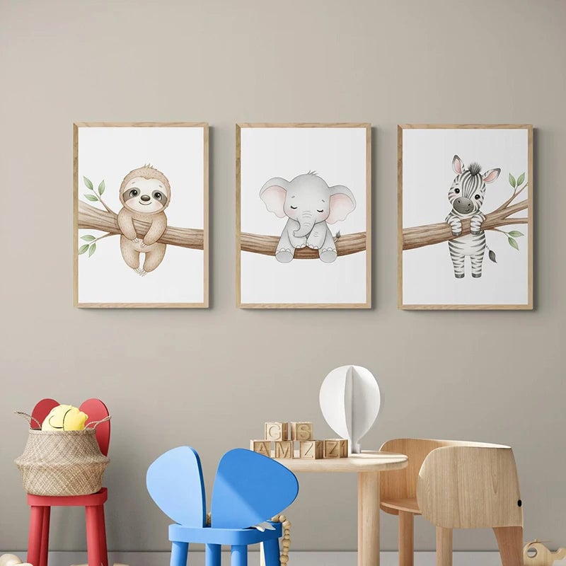 Safari Animal Canvas Wall Art - Sloth Elephant Zebra Tree Nursery Print