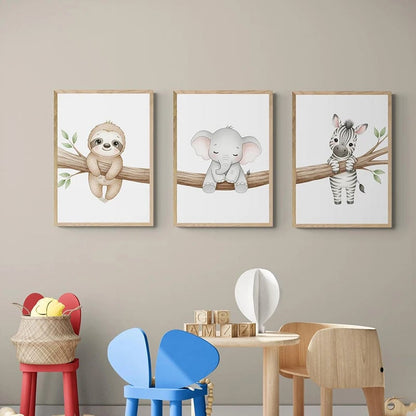 Safari Animal Canvas Wall Art - Sloth Elephant Zebra Tree Nursery Print