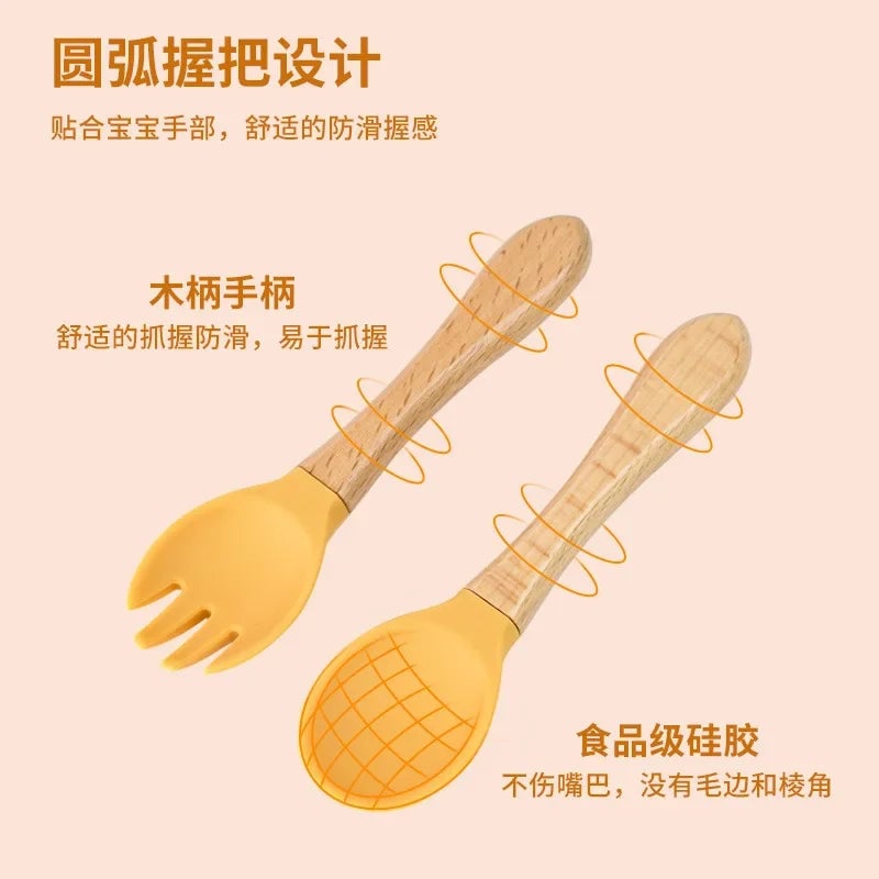 BPA Free Silicone Baby Spoon Fork Set - Wooden Handle Feeding