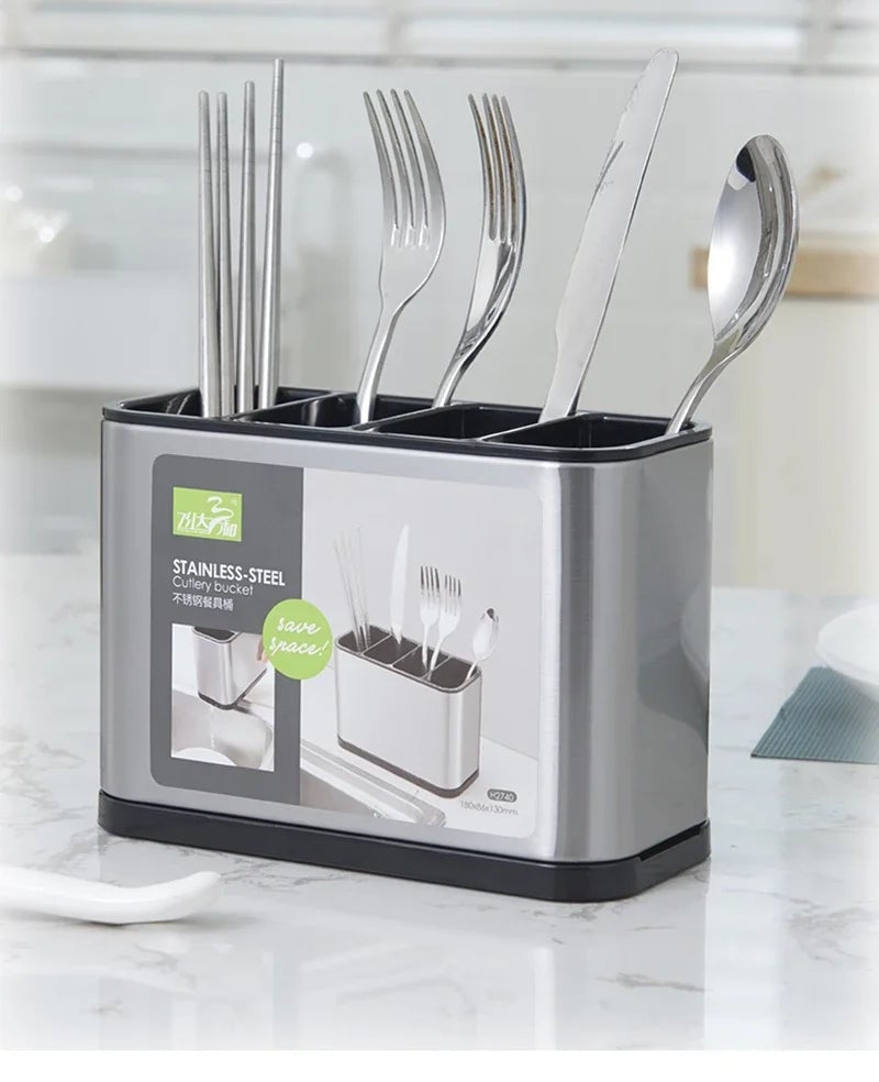 Plastic Kitchen Cutlery Organizer with Drain - Knife Spoon Fork Stand