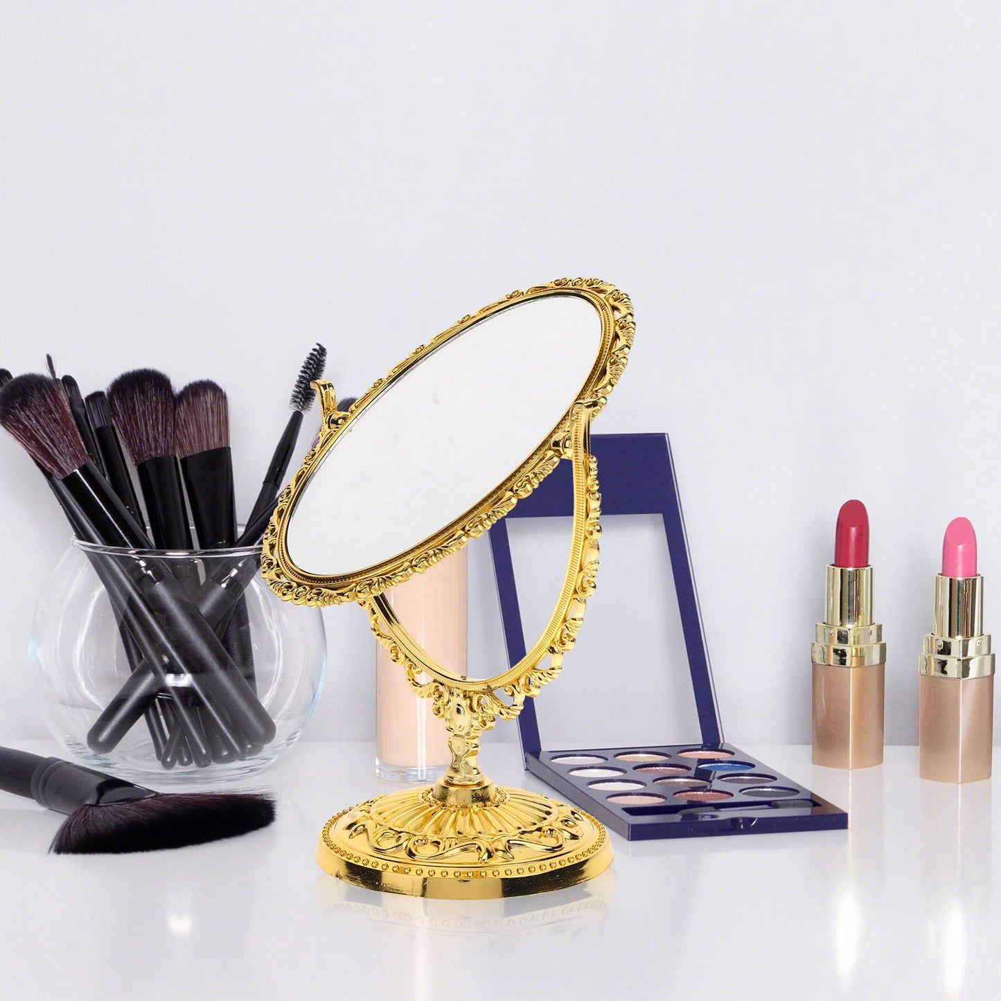 Double Sided Rotating Vanity Mirror Vintage Oval Golden Frame
