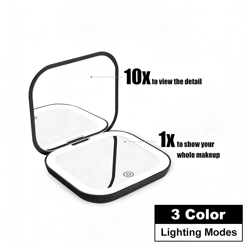 LED Compact Mirror 1X/2X Magnification Portable Folding Travel Makeup
