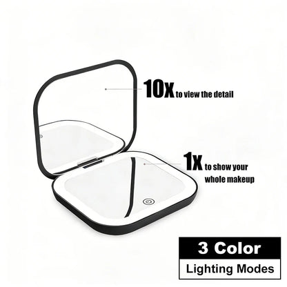 LED Compact Mirror 1X/2X Magnification Portable Folding Travel Makeup