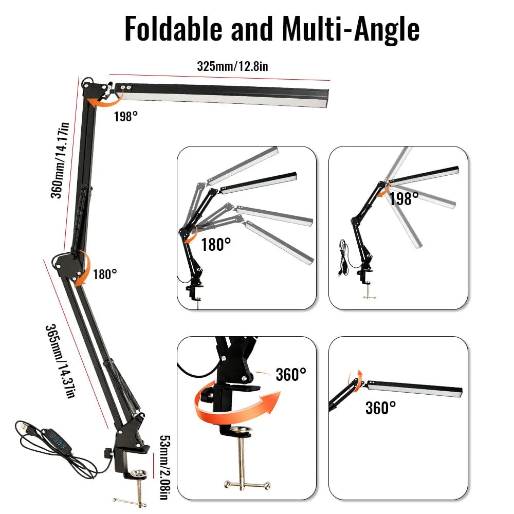 10W LED Clamp Desk Lamp - Adjustable Swing Arm, 3 Modes, 10 Levels