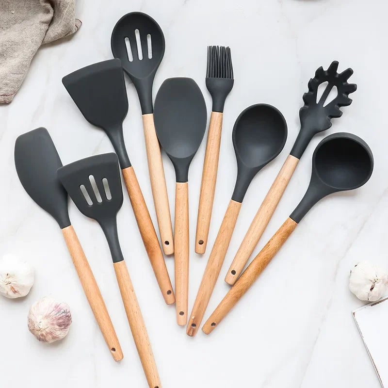 12PC Silicone Kitchen Utensils Set Non-Stick Wooden Handle Spatula