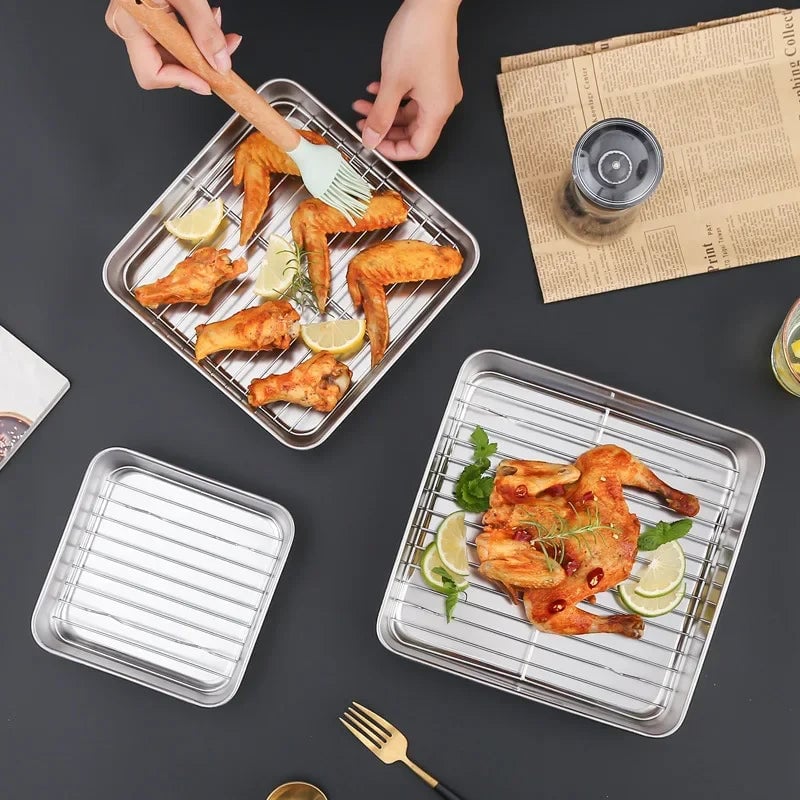 Square Stainless Steel Nonstick Baking Tray with Draining Grid