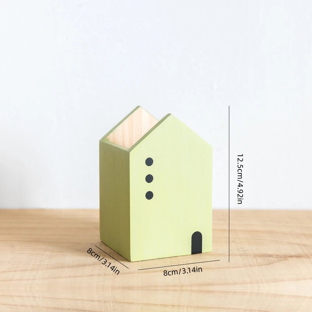 Cartoon House Wooden Pen Holder Desktop Storage Organiser Container