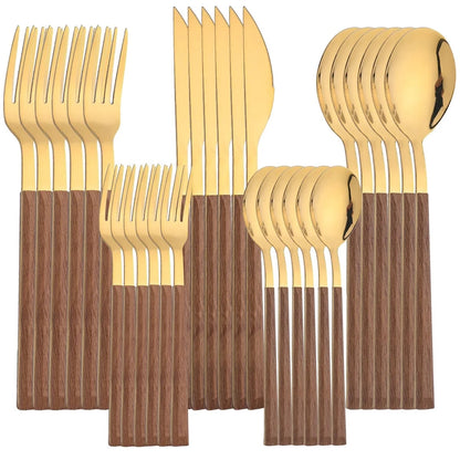 30-Piece Stainless Steel Flatware Set with Wooden Handles