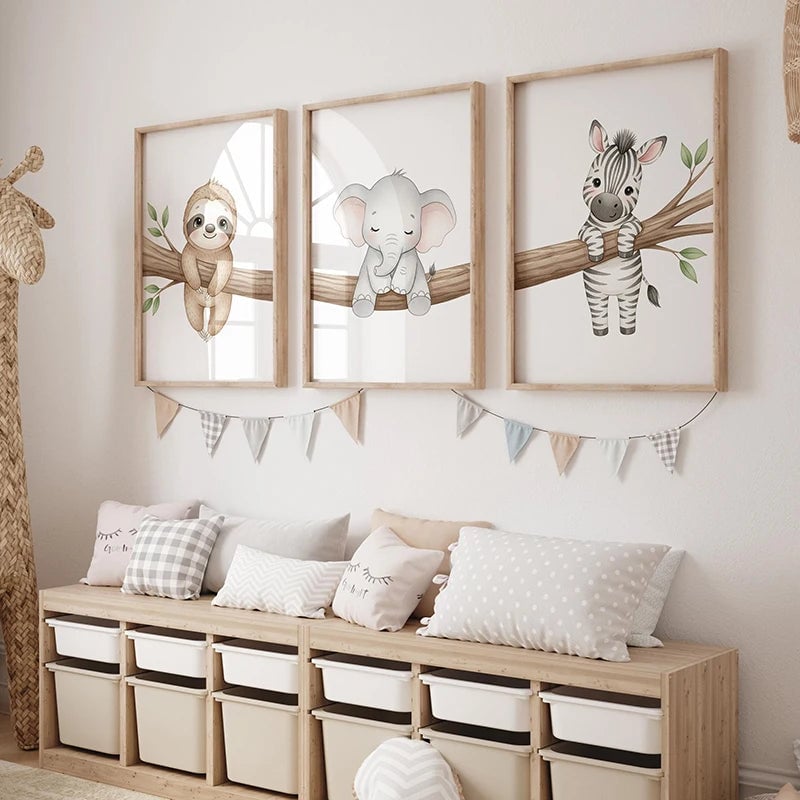Safari Animal Canvas Wall Art - Sloth Elephant Zebra Tree Nursery Print