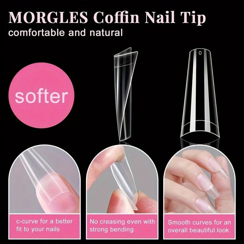 500Pcs French Coffin Nail Tips Acrylic Clear 10 Sizes Storage Box