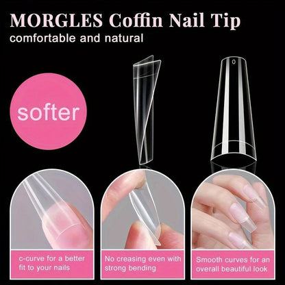 500Pcs French Coffin Nail Tips Acrylic Clear 10 Sizes Storage Box
