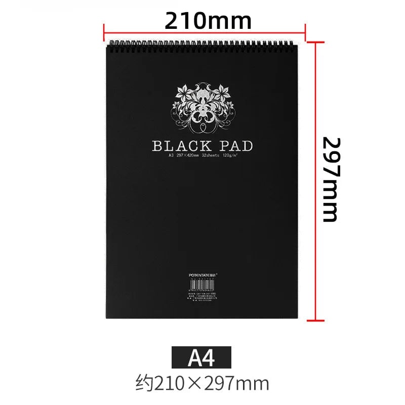 32 Sheet A4/A5 Black Paper Sketchbook 120GSM Spiral Bound Drawing Pad