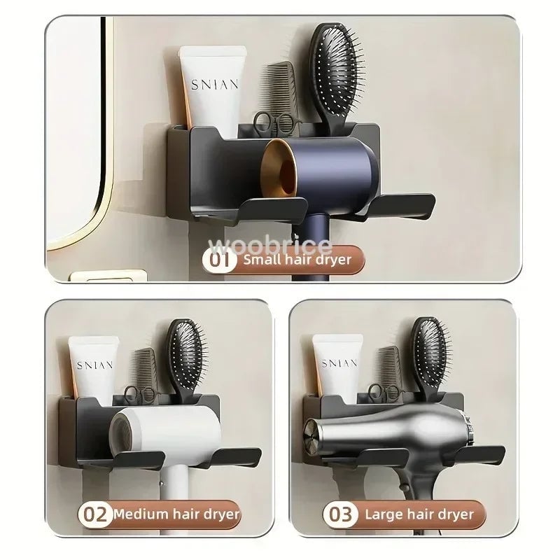 Wall Mount Hair Dryer Holder with Brush Storage Box Bathroom Organizer